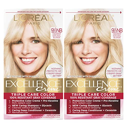 L'Oreal Paris Excellence Creme Permanent Hair Color, 9.5NB Lightest Natural Blonde, 100 percent Gray Coverage Hair Dye, Pack of 2