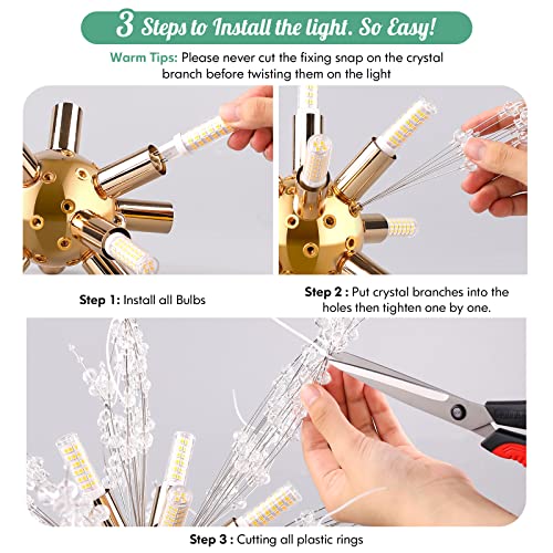 Modern Gold Crystal Chandeliers Firework, 8-Light Dandelion Chandelier, Semi Flush Mount Ceiling Light Fixtures, Stainless Steel Pendant Light for Bedroom Foyer Hallway Entryway Kitchen, G9 Socket