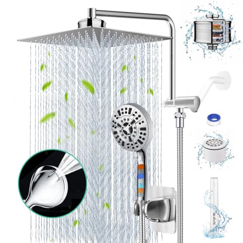 10 Inch Square Shower Head Rain Shower Head with Handheld Dual Filter for Hard Water 10 Setting Handheld Showerhead Built-in 2 Power Wash with 12" Extension Arm & Extra Cartridges