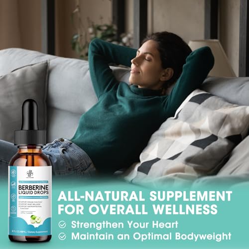 Berberine HCL 1200mg, 6-in-1 Berberine Complex Liquid drop for Cardiovascular Care & Body Management, Berberine with Ceylon Cinnamon, Antioxidant & Heart Health Support, Apple Flavor, 2 Fl Oz