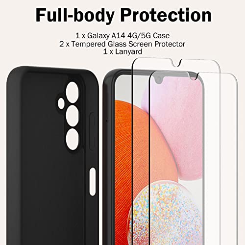 Jasmeas for Samsung Galaxy A14 5G/4G Case with 2 Tempered Glass Screen Protector, Liquid Silicone with Soft Anti-Scratch Microfiber Lining Shockproof Protective Cover for Galaxy A14 5G/4G-Black