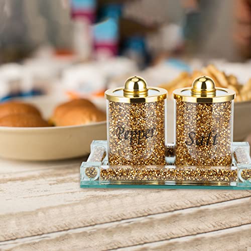 Crushed Diamond Pepper Salt Shakers Storage Container Pots Jars Set with Mirror Tray 3PCS Kitchen Canisters for Home Decor (Gold)