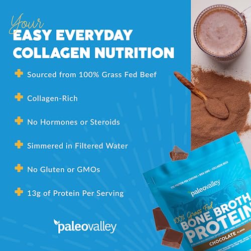 Paleovalley 100% Grass Fed Bone Broth Protein Powder - Chocolate - Rich in Collagen for Hair, Skin, Gut Health, Bone and Joint Support - 28 Servings