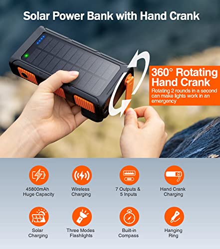 GOODaaa Power Bank Wireless Charger 45800mAh Built in Hand Crank and 4 Cables 15W Fast Charging Power Bank 7 Outputs & 4 Inputs Solar Portable Charger, SOS/Strobe/Strong Flashlights, Compass