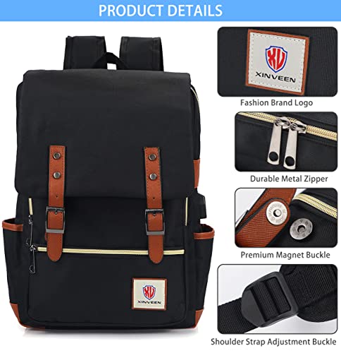 Xinveen Vintage Laptop Backpack Travelling Backpack Casual Daypacks School Shoulder Bag for Men Women Black