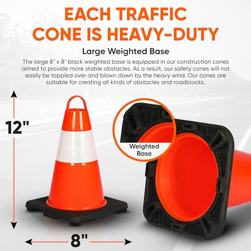 Pyle 6-Pack Traffic Safety Cones 12" inch High Visibility, Reflective Collars, PVC Durable Construction Orange Cones, for Traffic, Home, Parking, Road Safety, Driveway