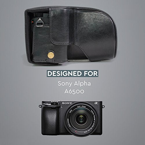 MegaGear Sony Alpha A6500 (Up To 16-70MM Lens) Ever Ready Genuine Leather Camera Case And Strap, With Battery Access - Black - MG1201