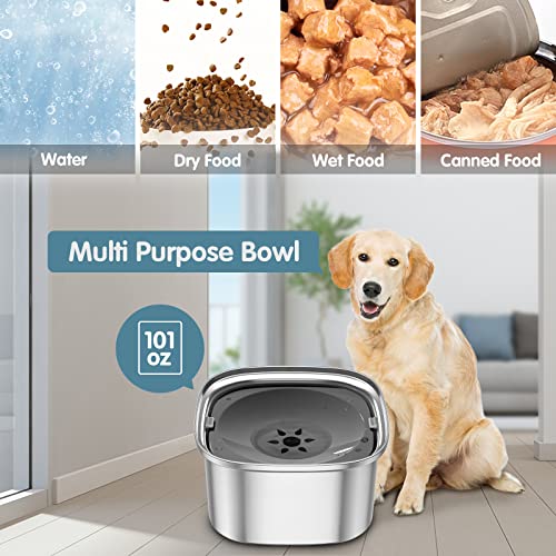 UPSKY 3L Dog Water Bowl 101oz Stainless Steel Dog Bowl No Spill Large Capacity Dog Food Water Bowl Slow Water Feeder, Spill Proof Pet Water Dispenser Vehicle Carried Travel Water Bowl