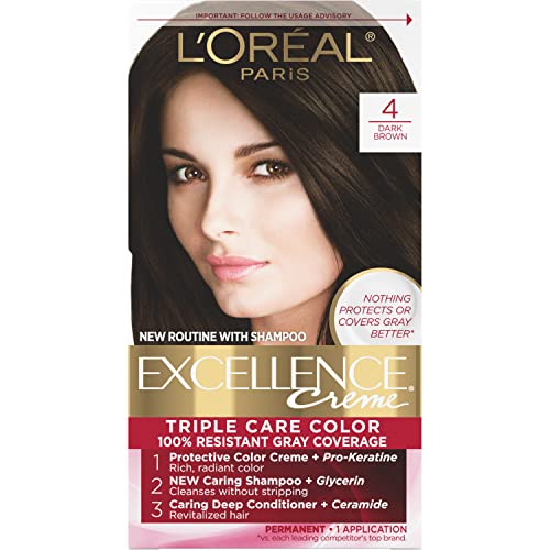 L'Oreal Paris Excellence Creme Permanent Hair Color, 4 Dark Brown, 100 percent Gray Coverage Hair Dye, Pack of 1