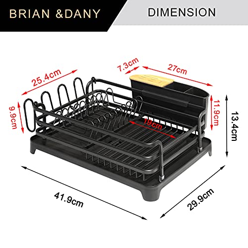 BRIAN & DANY Aluminum Dish Drying Rack, Dish Racks for Kitchen Counter, Dish Drainer with Removable Cutlery Holder & Cup Holder, 16.5" L x 11.8" W, Black