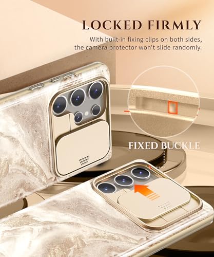 GVIEWIN for Samsung Galaxy S24 Ultra Case, [Slide Camera Cover & Built-in Screen Protector] [2 Front Frame] Military Grade Shockproof Marble Phone Case Cover 6.8" (Shweta/Beige)