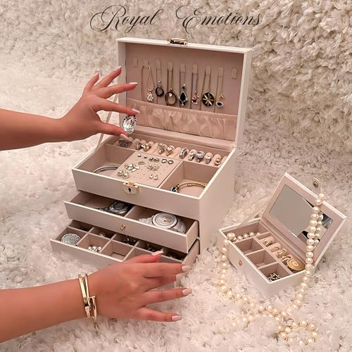 Royal Emotions - 3 Layer Jewelry Organizer with Jewelry Travel Case - Jewelry Box with 2 Drawers - Large Jewelry Boxes for Women - Luxury Lockable Jewelry Holder Organizer - Gifts for Women