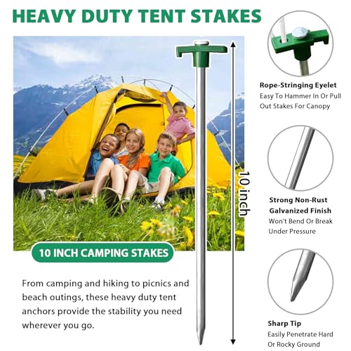 Eurmax USA Galvanized Non-Rust Camping Tent Stakes Canopy Anchors Heavy Duty 10pc-Pack, with 4x10ft Ropes & 1 White Stopper