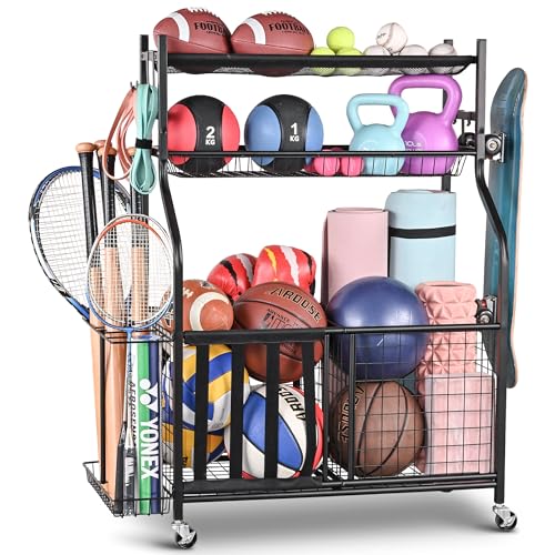 PLKOW Sports Equipment Storage for Garage, Garage Sports Equipment Organizer, Ball Storage Rack, Garage Organizer with Basket and Hooks for Toy Sports Gear Storage