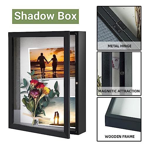Muzilife 8x10 Shadow Box Picture Frame - 2.16" Interior Deep Wood & Glass Display Case Ready to Hang Memory Box Baby Sports Memorabilia, Wedding, Tickets, and Photos, Black