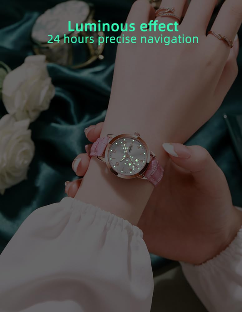 Women's Casual Wrist Watch, Leather Band Analog Quartz Ladies Dress Watch with Calendar Date, Classic Gifts for Her (Pink)
