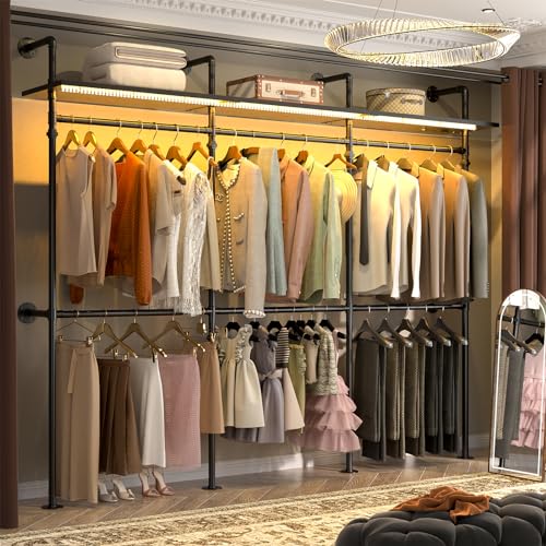 Aheaplus Industrial Pipe Clothing Rack, Reversible 79.7'' Clothes Rack for Hanging Clothes, Heavy Duty Garment Rack Closet Wardrobe Rack with LED Lights& Shelves, Walk-in Closet System, Black