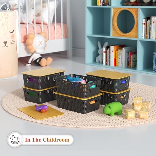 Plastic Storage Baskets With Bamboo Lid - Plastic Storage Containers Stackable Storage bins: Storage Baskets for Organizing Shelves Drawers Desktop Closet Playroom Classroom Office, 6 Pack