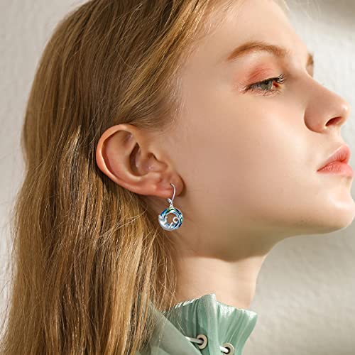 Cat Earrings Sterling Silver Dangle Drop Leverback Earrings with Blue Circle Crystal, Cat Jewelry Gifts for Cat Lovers