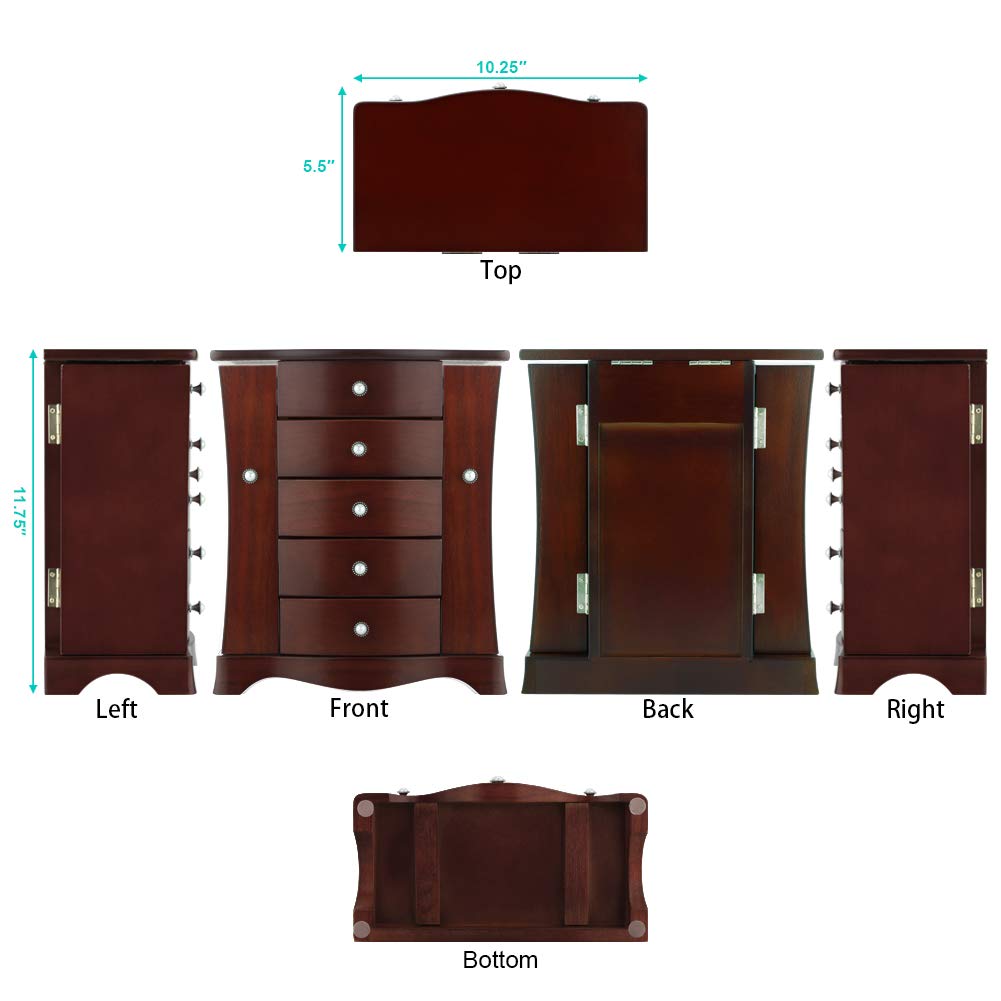 RR ROUND RICH DESIGN Jewelry Box - Made of Solid Wood with Tower Style 4 Drawers Organizer and 2 Separated Open Doors on 2 Sides and Large Mirror Brown