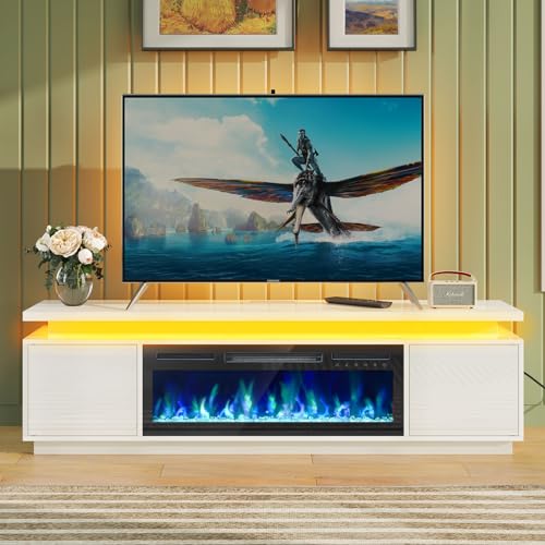 Rolanstar Fireplace TV Stand with Led Lights and Power Outlets, TV Stand Mount with 30" Electric Fireplace, White Entertainment Center for 45/50/55/60/65/70 inch TVs, Modern TV Console for Living Room
