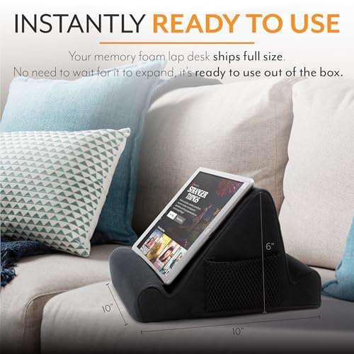 Brookstone - Memory Foam Lap Desk Tablet Holder, Holds Phones, iPads, E-Book Readers, 2 Viewing Angles, 2 Side Pockets for Accessories, Book Holder Cushion, Perfect for Home, Car Travel & Flights