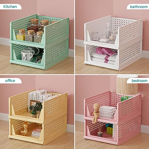 MVSRWLL Stackable Plastic Storage Basket Bin Shelf Box for Closet Wardrobe Organizer 4 Pack Foldable Clothes Drawer Storage Container for Cupboard Kitchen Bathroom Bedroom Office (White)(3L+1S)