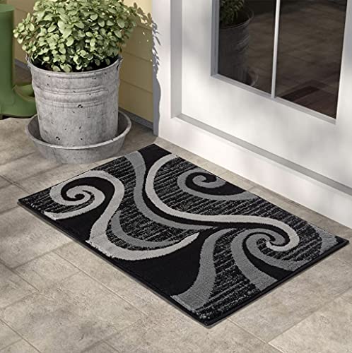 GLORY RUGS Area Rug 2x3 Black Grey Door Mat Modern Swirls Carpet Bedroom Living Room Contemporary Dining Accent Sevilla Collection 4817