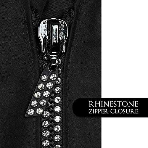 Betty Dain Glitz Rhinestone Zipper Salon Stylist Vest, Rhinestone Closure and Iridescent Fabric, V-Neckline, Adjustable Belt, Pockets with Zippered Bottoms, Water Resistant Lightweight, Black, XS