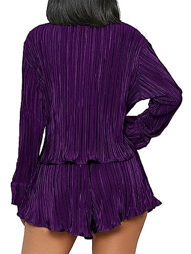 OPOIPIN Women's 2 Pieces Outfits Pleated Deep V Neck Tie Front Long Sleeve Blouse with Shorts Teal Blue Small
