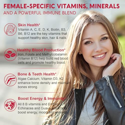 Sugar-Free Methylated Multivitamin for Women Gummies w/Algae Calcium, Vitamin A, C, D3, E, K, B12, Iron, Folate, Biotin, Inositol - Multi Vitamins & Minerals for Skin, Hair, Energy, Immune, Bone Vegan