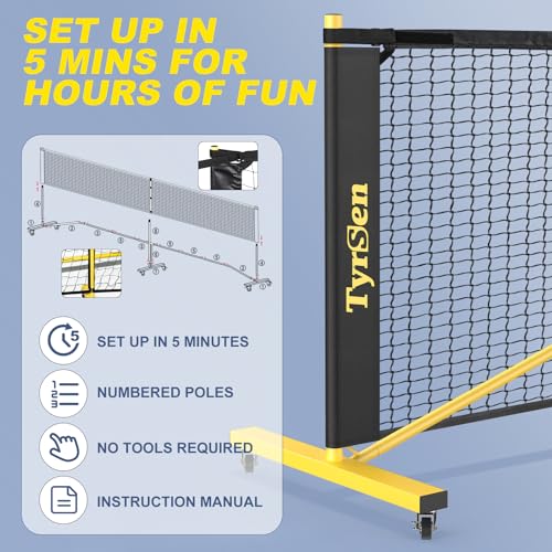 TYRSEN Portable Pickleball Net on Wheels, 22FT Pickleball Net for Driveway Backyard, 18-Ply PE Net, Weather Resistant Metal Frame Pickle Ball Net System for Indoor & Outdoor