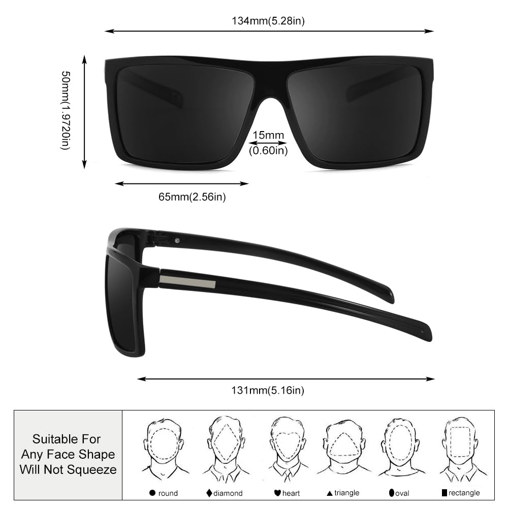 2020 VentiVenti Sunglasses For Men Plastic Lightweight Square Polarized Frame Classic Style Eyewear UV Protection For Driving Shiny Black Frame/Smoke Lens