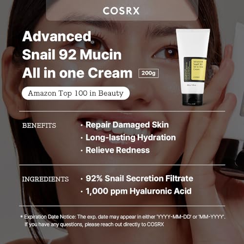 COSRX Snail Mucin 92% Moisturizer, Daily Repair Face Gel Cream Tube Type for Dry, Sensitive Skin, Not Tested on Animals, No Parabens, No Sulfates, No Phthalates, Korean Skincare (3.52Fl Oz / 100g)