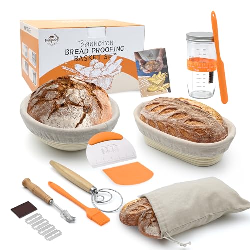Banneton Bread Proofing Basket Set With Sourdough Bread Baking Supplies, Bread Making Kit Include 9''Round 10'' Oval & Baguette Cane Sourdough Proofing Basket With Dough Whisk Scrapers +Bread Lame…