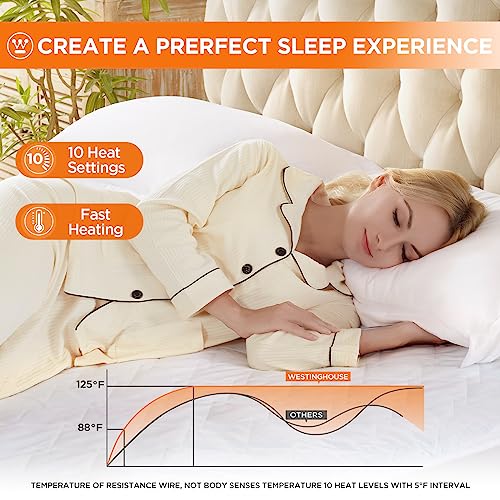 Westinghouse Heated Mattress Pad Twin, Comfortable Electric Mattress Pad with 10 Heating Settings & 1-12 Hours Auto Shut Off, Fit Up to 15" Deep Pocket, Twin Size 39"x75"