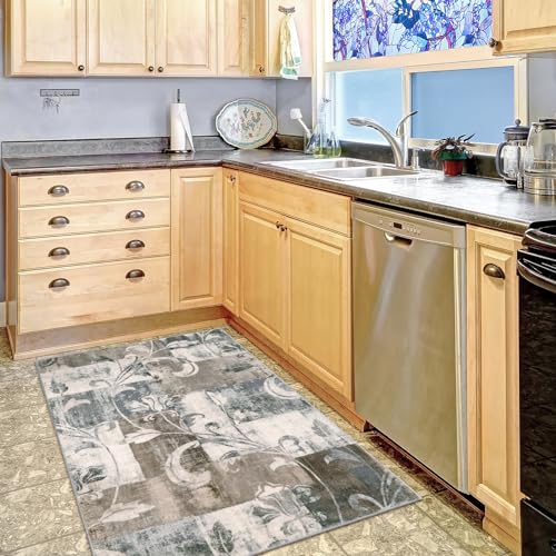 Lahome Modern Geometric Area Rug Washable, 4x6 Area Rug for Bedroom Farmhouse Patchwork Floor Carpet for Living Room Kitchen, Low Profile Office Throw Rug Non Slip for Entryway, Beige