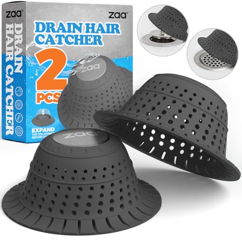 zaa Bathtub Drain Hair Catcher, 2 Pack Silicone Collapsible Bathtub Drain Cover Hair Catcher & Protector for Pop-Up & Regular Drains of Shower, Bathtub, Tub, Bathroom, Sink, Black Black