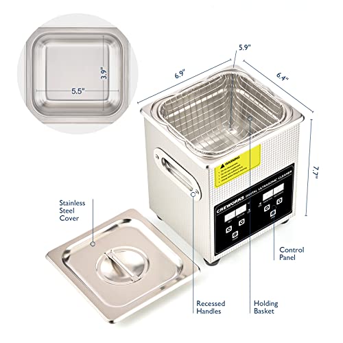 CREWORKS 2L 60W Ultrasonic Cleaner Machine, Professional Jewelry Cleaning Machine with Heater & Timer, Digital Ultrasonic Cleaner for Watch Glasses Retainer Denture Parts Cleaning, 5.9"x5.3"x4" Tank