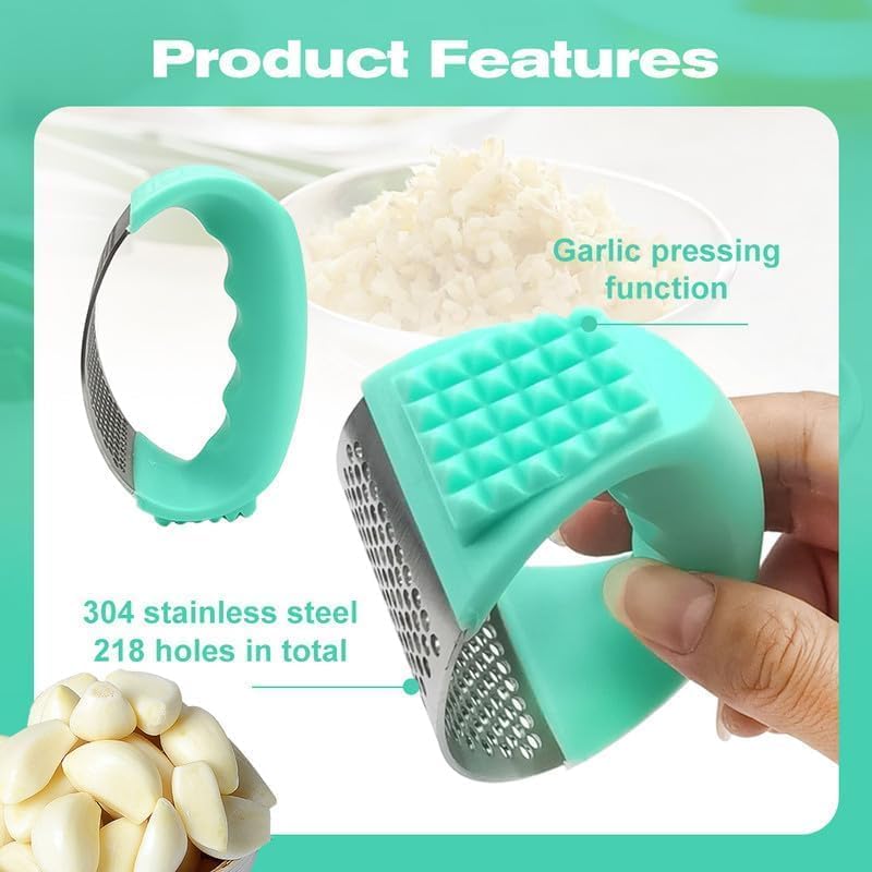 Stainless Steel Garlic Press, Garlic Chopper Garlic Press Rocker Set with Peeler, Garlic Mincer Crusher Masher with Peeler and Cleaning Brush, Garlic Chopper for Smash Garlic Kitchen Tools (Green)