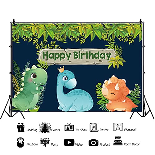 DORCEV 5x3ft Dinosaur Backdrop Happy Birthday Cartoon Dinosaurs Theme for Newborn Baby Shower Kids Boys Birthday Party Banner Background Tropical Jungle Plants Photography Photo Vinyl Studio Props