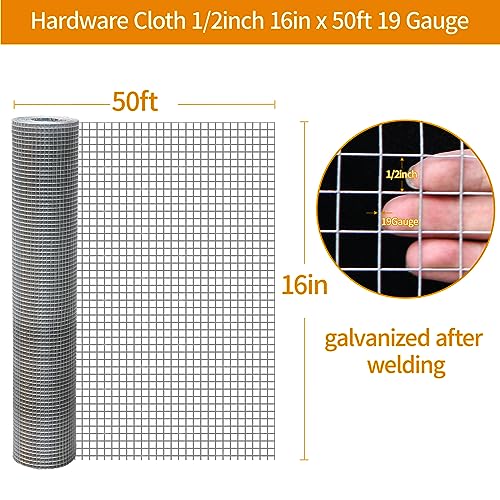 Gartist Hot-Dip Galvanized Welded Hardware Cloth,1/2inch 19Ga 16"x50' Chicken Wire Fencing, Raised Garden Bed Supports Wire Mesh Roll, Galvanized Wire Mesh Fence Prevent Snakes, Raccoons, Foxes