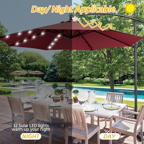 Yaheetech 10FT Solar Offset Umbrella with 32 LED Lights Cantilever Hanging Outdoor Umbrellas Handy Crank & Cross Base for Lawn/Deck/Backyard/Pool Burgundy