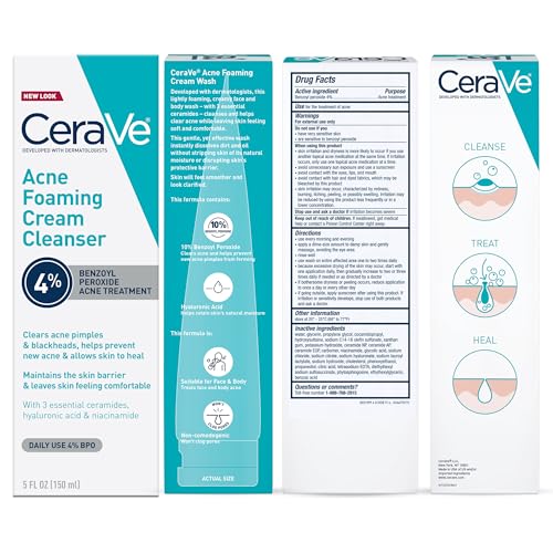 CeraVe Acne Foaming Cream Cleanser | Acne Treatment Face Wash with 4% Benzoyl Peroxide, Hyaluronic Acid, and Niacinamide | Cream to Foam Formula | Fragrance Free & Non Comedogenic | 5 Oz