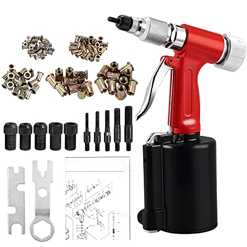 Proster Heavy Duty Pneumatic Rivet Nut Gun with 100Pcs Nut 5PCS Metric Mandrels M4 M5 M6 M8 M10 Capacity Pop Rivet Nut Gun for Body Panels Bicycle Attachments Furniture and Decorations