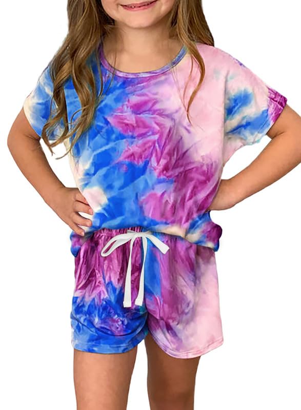 Dokotoo Girls Summer Casual Cute T-Shirt Shorts Outfits Set Short Sleeve Tops Tee Clothes Round Neck Tie Dye Stretchy Drawstring Waist Shorts with Side Pockets 2024 Size 10-11 Purple