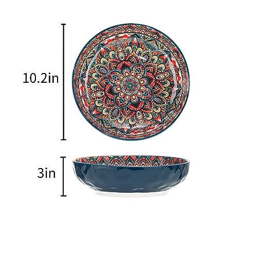 Boho Large Serving Bowls, 10.2 Inch Fruit Salad Bowls, Decorative Serving Dishes for Entertaining, 75 OZ Pasta Bowls Set of 2, Vibrant Color Ramen Bowls for Party, Home Decor, Bohemian Style Gift