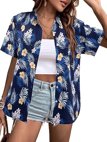 NANYUAYA Womens Hawaiian Shirts Boho Open Front Soft Cool V Neck Short Sleeve Tropical Button Up Blouses Tops Blue