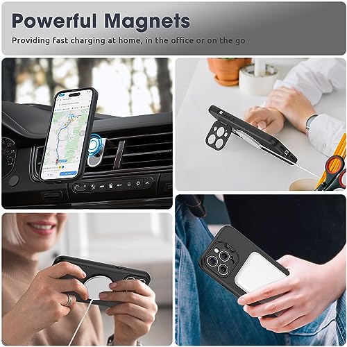 ABITKU Magnetic Case for iPhone 15 Pro Max 6.7 inch, with Camera Protector Kickstand Cover (Compatible with MagSafe & Car Holder), with Screen Protection Shockproof Phone Case for Men Women (Black)