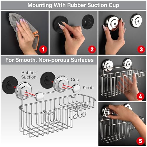 HASKO Suction Cup Shower Caddy Basket for Shampoo, Shower Suction Shelf Organizer, Basket with Soap Holder and Hooks, Stainless Steel Shampoo Holder for Bathroom Storage (Chrome)